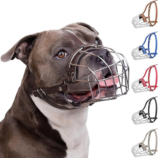 BRONZEDOG Pitbull Dog Muzzle Breathable Metal Basket for Large Dogs Amstaff Staffordshire Terrier Biting Chewing Barking (Leather, Dark Brown)