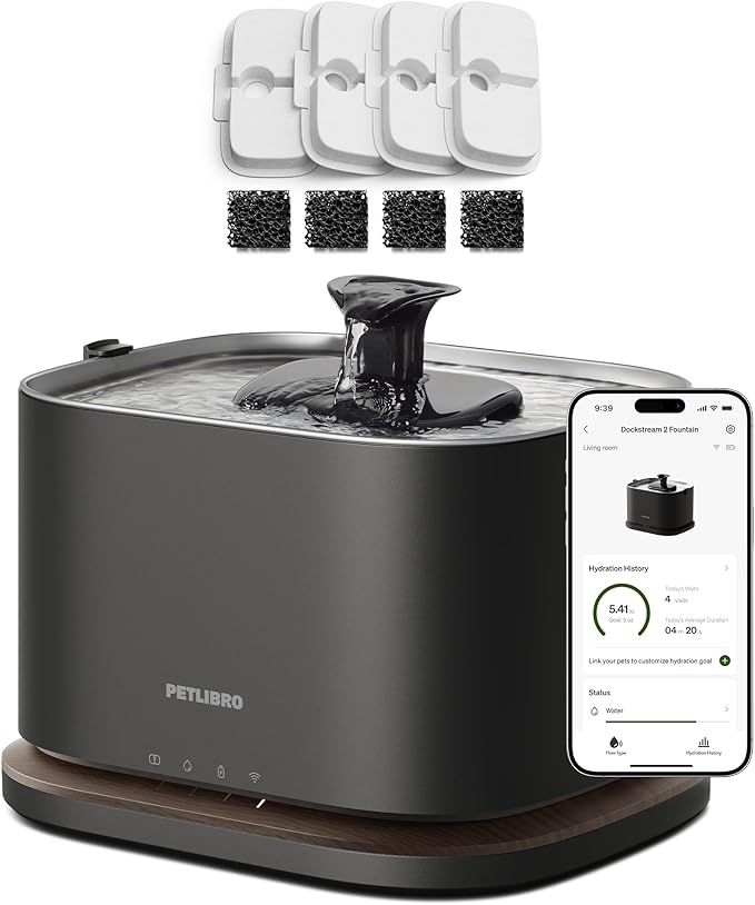 Bundle of PETLIBRO Upgrade Cat Water Fountain with 4 Packs Replacement Filters, App Monitoring 3L/101oz Dockstream 2 Pet Water Fountain with Stainless Steel Tray