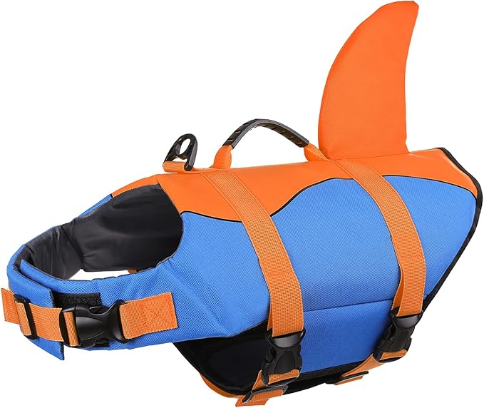 Queenmore Dog Life Jacket, Adjustable Dog Life Vest, Pet Lifesaver for Swimming, Shark Life Jacket with Rescue Handle, Rip-Stop Safety Vest for Small Medium Large Dogs