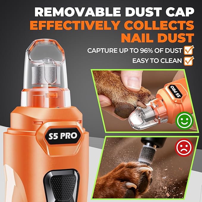 Whisper Quiet Dog Nail Grinder with LED Light, Safe & Stress-Free for Sensitive Dogs of All Breeds & Sizes, 3 Grinding Bits, 3-Speed, Pet Nail Trimmers, Rechargeable Painless Grooming Kit Orange