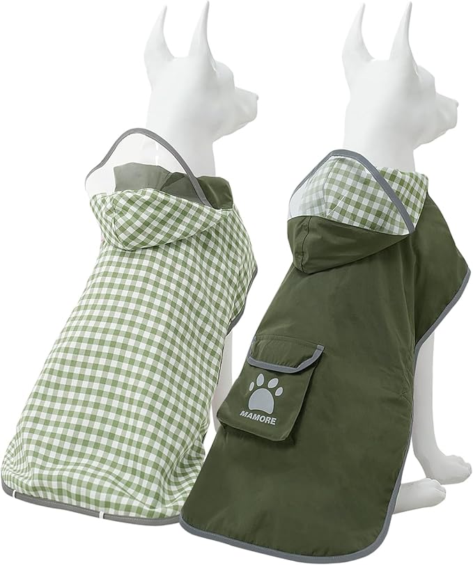 MAMORE Dog Raincoat Reversible,Waterproof Dog Rain Coat Hooded Slicker Poncho with Reflective Strip, Plaid Double Layer Rain Jacket for Small Medium Large Dogs (Army Green, XX-Large(55-77))