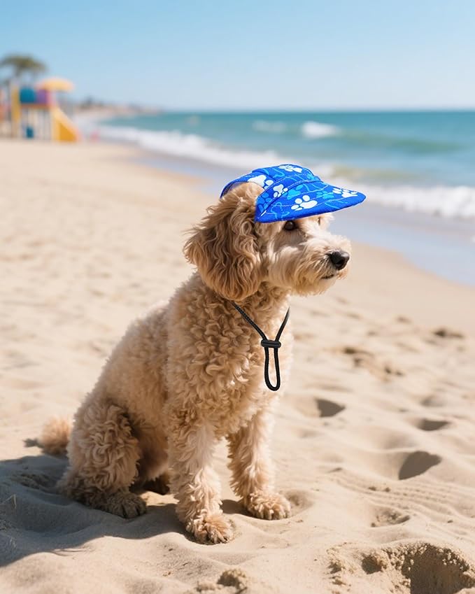 PET SHOW Dog Baseball Cap Paw Print Dog Visors for Small Doggy Cats Waterproof Pet Sun Hats with Ear Holes Adjustable Drawstring Boy Puppy Hat - Royal Blue/S