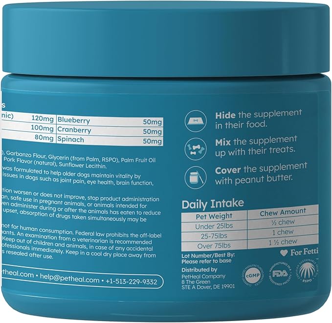 PetHeal Aging Aid Chews for Senior Dogs - Vet-Reviewed - Supports Joints, Energy & Vision with Hemp, DHA, Blueberry & Spinach | Fights Inflammation & Promotes Vitality | 30 Pork-Flavored Soft Chews