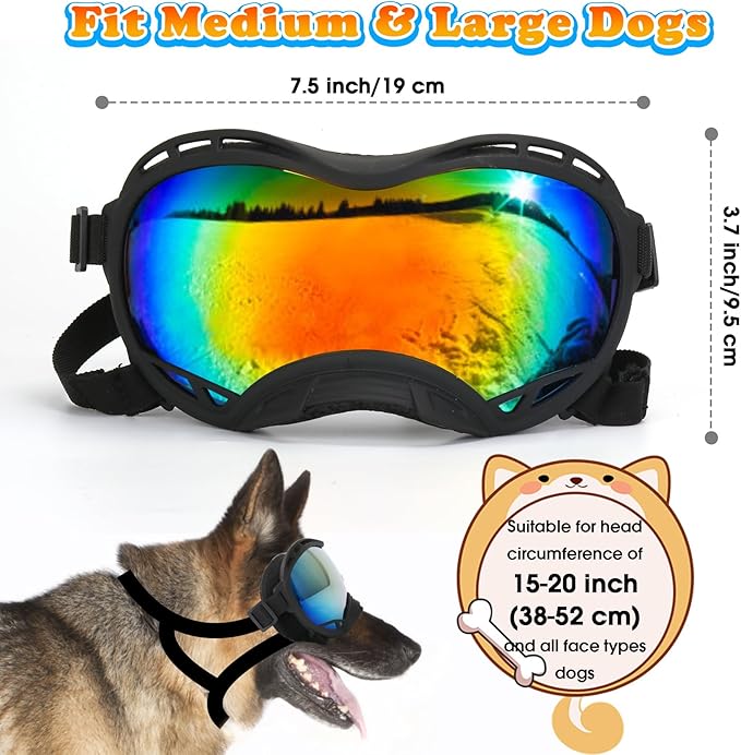 Dog Goggles for Large Dogs, UV Protection Dog Sunglasses, Adjustable Strap, Windproof、Dustproof、Anti-Fog Eye Protection Sunglasses for Large and Medium Dogs (Black Frame)