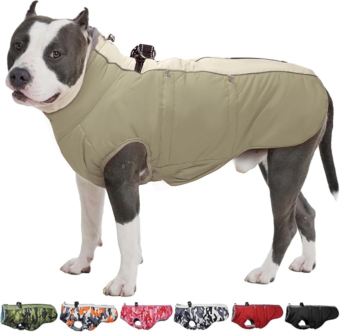 Dog Winter Jacket - XX Large, Warm Zip Up Snowsuit Dog Harness Vest, Reflective, Water-Resistant, Apricot
