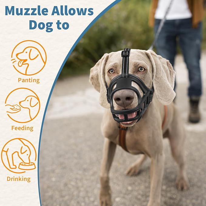 BARKLESS Dog Basket Muzzle for Medium & Large Dogs, Humane Cage Muzzle Prevent Biting Scavenging, Breathable Open Front Mouth Cover with Reflective Strap for Training, Walking Vet Visits (Black, L)