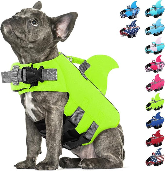SUNFURA Dog Life Jacket Shark Life Vest for Dogs, Adjustable Swmming Vest with High Buoyancy, Safety Lifesaver with Rescue Handle for French Bulldog Small Medium Breeds, Green L