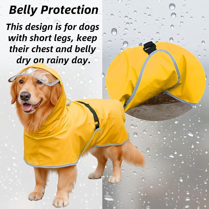 Dog Poncho Hooded Raincoat for Puppies & Small to Large Dogs, Reflective Strips for Night Safety, Lightweight & Adjustable Fit (Large, Yellow)