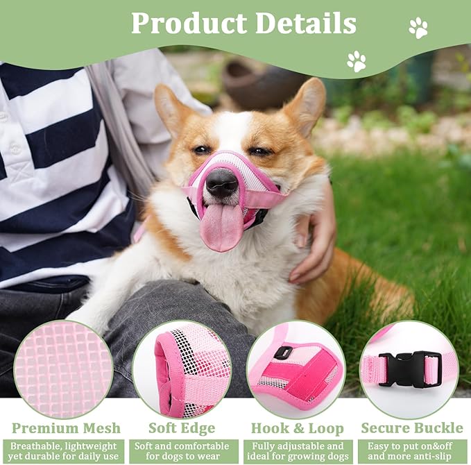 Mayerzon Dog Muzzle, Breathable Mesh Puppy Muzzles with Adjustable Hook and Loop for Small Medium Large Dogs Poodle Border Collie Labrador Retriever for Biting Chewing Trimming (XL, Pink)