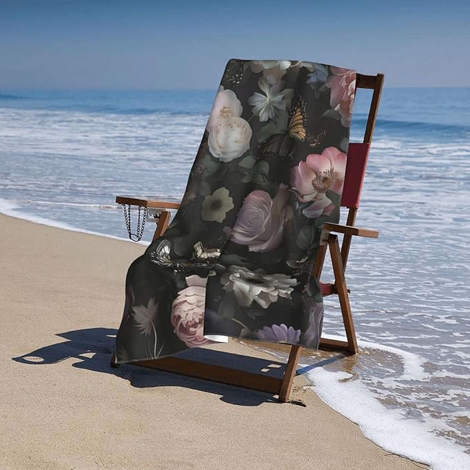 Dark Floral Butterfly Beach Towel Flower Sand-Free Microfiber Bath Towel Ultra Soft Quick Dry Pool Towel Absorbent Towel Lightweight Towel Gifts for Outdoor Bathroom Swimming Decor 31inx51in