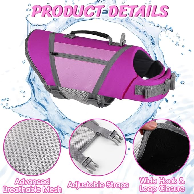 EMUST Dog Life Vests for Swimming, Adjustable Pet Life Jackets for Small Dogs with Hook & Loop, Reflective Dog Swim Vest with Quick-Release Buckles for Bulldogs, Dachshunds, Corgis, Purple, S