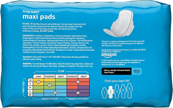 Amazon Basics Thick Maxi Pads with Flexi-Wings for Periods, Long Length, Super Absorbency, Unscented, Size 2, 32 Count, (Previously Solimo) (Pack of 2)
