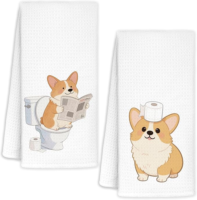 Funny Corgy Bathroom Hand Towels Set of 2, Kids Bathroom Decor, Corgi Lovers Gifts, Cute Dog Hand Towels for Bath Room Washroom Toilet, Dog Lover Mom Gifts, 16x24 Inch