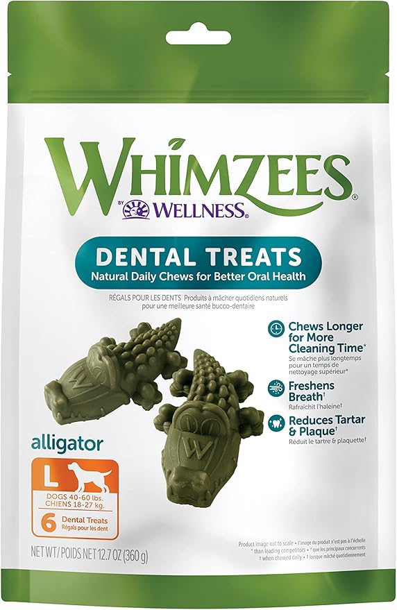 Whimzees Wellness Alligator Dog Dental Treats, Large Size, (6 Count)