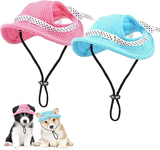 Frienda 2 Pcs Dog Hat Pet Sun Visor Hat Pet Beach Princess Cap Sun Protection Cap Mesh Porous with Ear Holes and Chin Strap for Small Dogs Pug Chihuahua Shih Tzu Yorkshire Terriers
