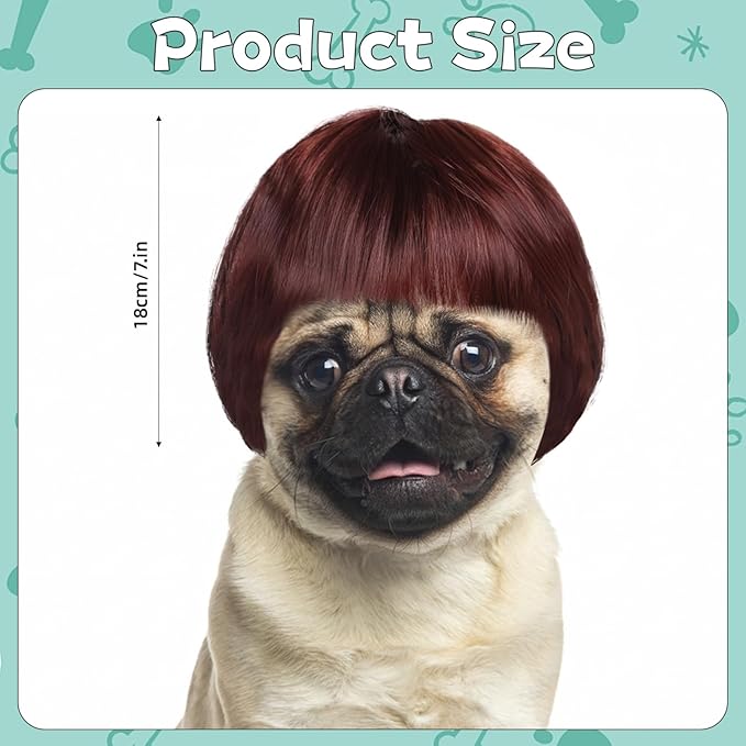 Dog Wigs for Small Dogs, Funny Dog Wig Pet Costume Pet Hair Accessories Elastic Cat Dogs Cosplay Wig Decoration for Halloween, Christmas, Parties（Reddish-Brown, 7 Inches）