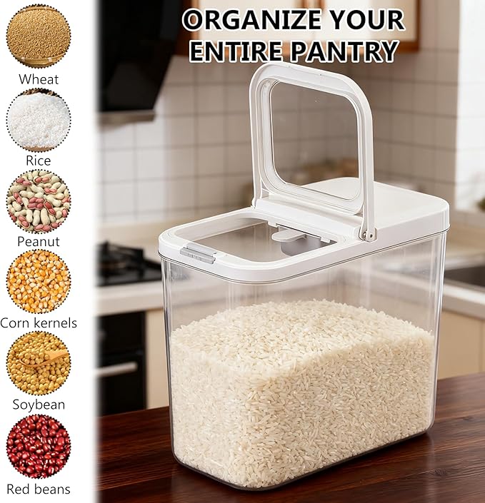 20-25 lbs Rice Dispenser with Measuring Spoon 11.4Qt/12L Tall and Narrow Food Storage Flour Bin Large Airtight Food Storage Rice Container for Kitchen Pantry Organization Slim Space-Saving