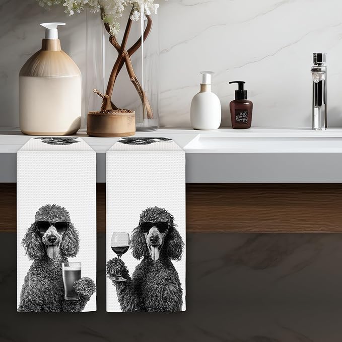 Gifts for Poodle Dog Wine Lovers Kitchen Towels Set of 2, Poodle Gifts Wine Decorative Hand Dish Towel for Kitchen Home Bar, Funny PoodleDog Beer Lover Home Bar Cart Decor(16x24 Inch)