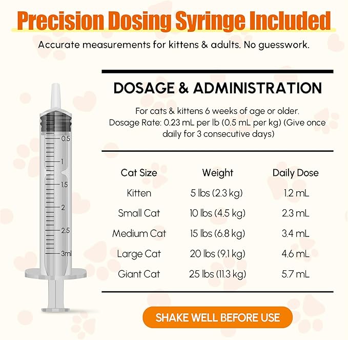 Dewormer for Cats & Kittens Fenbendazole Liquid - Broad Spectrum Suspension - Easy to Mix with Food - Removes Roundworm, Hookworm, Tapeworm - Includes 3ml Dosing Syringe (100ml)