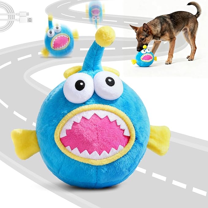 Interactive Dog Toys, Self Moving Dog Toy to Keep Them Busy, Electronic Vibrating Dogs Toy/Squeaky Bouncing Ball for Small Medium Large Dogs with Jumping Music Talking Mode (Lanternfish)
