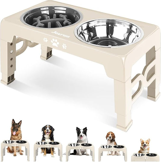 Elevated Dog Bowls for Medium Size Dogs, Non-Slip Dog Feeder with 1*Stainless Steel Dishes & 1*Slow Feeder Bowl, 5 Heights Adjustable Raised Bowls to 3.15″-8.66″-9.84″-11.02″-12.2″