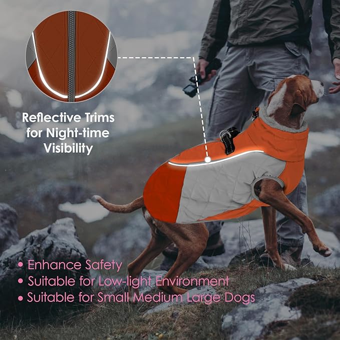 AOFITEE Dog Coat, Dog Winter Coat, Reflective Small Dogs Jacket with Harness Built in and Fleece Lined, Waterproof Pet Winter Jacket Warm Snowsuit for Small Medium Large Dogs, Orange XS