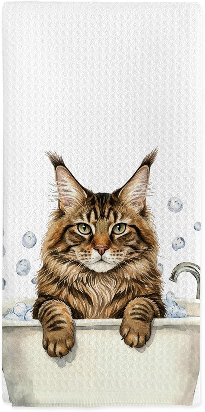 Funny Maine Coon Gifts Hand Towels, Cats Bathroom Decor, Maine Coon Cat Dish Tea Towels, Cats Lovers Gifts Hand Towel for Restroom Kitchen Washroom Decor, 16x24 Inch