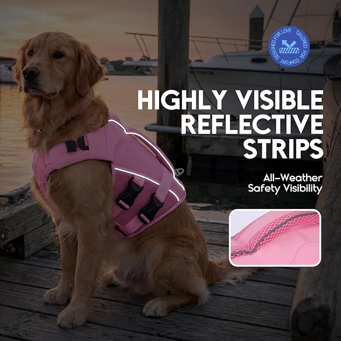 ASENKU Dog Life Jacket, High Floatation Dog Swimming Vest with Rescue Handles for Small Medium Large Dogs, Pet Safety Swimsuit Preserver for Pool Beach Boating (LightPink, 2XL)
