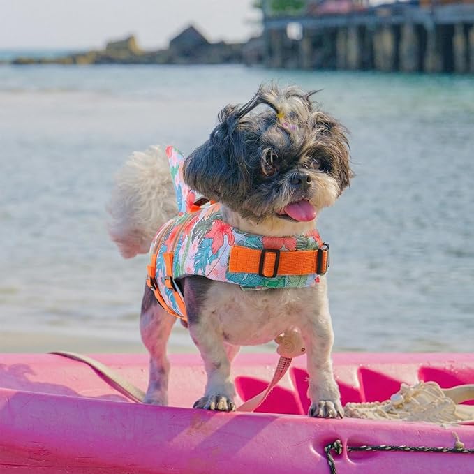 Queenmore Dog Life Jacket High Flotation, Reflective Dog Life Vest for Swimming, Adjustable Dogs Life Preserver Rescue Handle Spring Summer Pool for Small, Medium, Large Dogs (HawaiiOrange,XS)