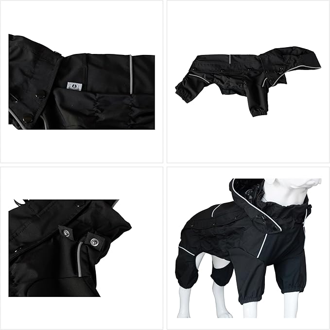 LOVELONGLONG Waterproof Dog Raincoat with Removable Hood – Outdoor Full Body Dog Jacket, Windproof Snowproof Shell Suit – All Season Pet Rain Gear Black L