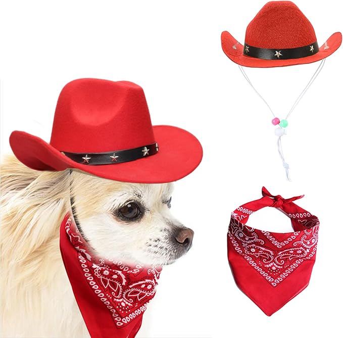 Dog Cowboy Hat and Bandana Scarf Dog Cat Sombrero Puppy Hat Dog Cat Costume Cosplay Cap Puppy Pet Dog Cat Holiday Pet Party Decoration (RED)