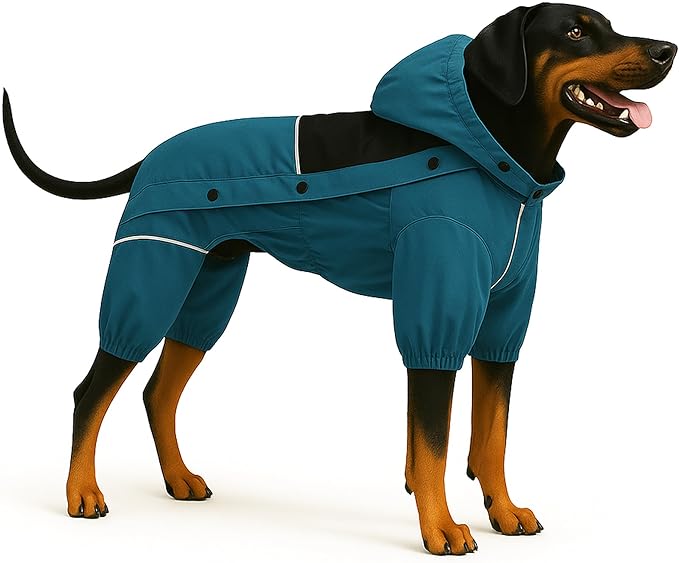 LOVELONGLONG Waterproof Dog Raincoat with Removable Hood – Outdoor Full Body Dog Jacket, Windproof Snowproof Shell Suit – All Season Pet Rain Gear Ocean Teal S