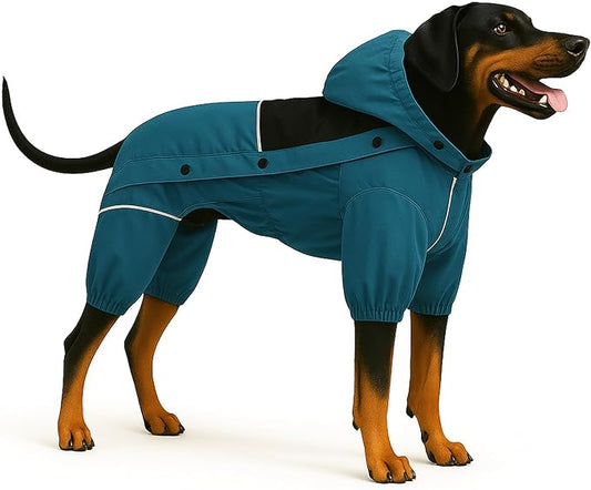 LOVELONGLONG Waterproof Dog Raincoat with Removable Hood – Outdoor Full Body Dog Jacket, Windproof Snowproof Shell Suit – All Season Pet Rain Gear Ocean Teal M