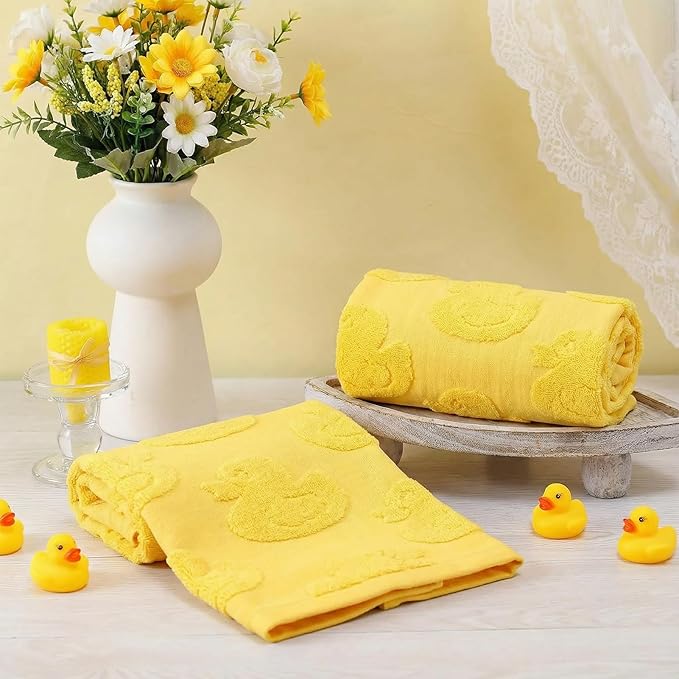 2pcs Yellow Duck Hand Towels for Bathroom Yellow Cotton Jacquard Kitchen Bath Hand Towels Set Cute Duck Decorative Weave 3D Kitchen Dish Towel Soft Absorbent Bathroom Towel Home Decor Gift
