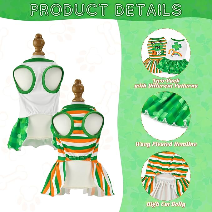 Vehomy 2-Pack St. Patrick's Day Dog Dresses with Lucky Shamrock Pattern, Green Plaid, Medium Size, Multicolor, Cotton, 2 Count, Adult, Small to Medium Dogs