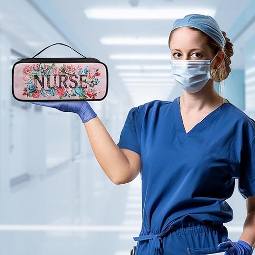 Gomyblomy Nurse Floral Stethoscope Case with Extra Room for Nurse and Doctors, Pink Stethoscope Holder Storage Pouch with Handle, Universal Fit for Most Stethoscopes