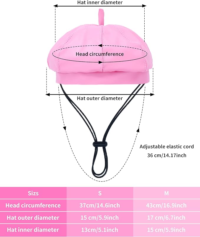 PET SHOW Dog Beret Hat for Small Medium Dogs Cats Party Holiday Headband Cap French Leather Berets with Adjustable Chin Strap Cute Fashion Puppy Hats Pets Costumes Accessories(Pink,M)