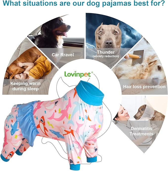 LovinPet Pitbull Onesie Pajama -UV Protection, Post Surgical Recovery Pajamas, Lightweight Stretchable Fabric, Big Bites Pink Print, Large Dog Pajamas, Undershirt for Dog Dresses,Pink XXL