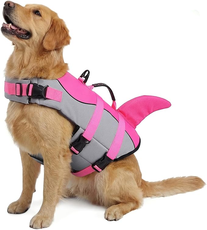 Queenmore Dog Life Jacket Ripstop Shark Dog Safety Vest Adjustable Preserver with High Buoyancy and Durable Rescue Handle for Small,Medium,Large Dogs, Pink Shark XX-Large