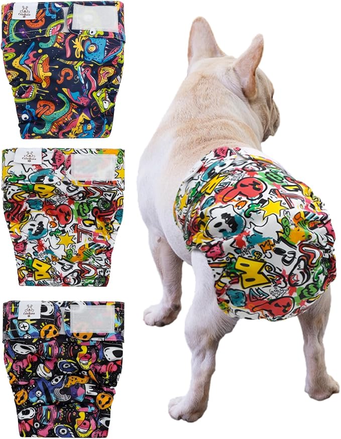CuteBone Washable Dog Diapers Female No Tail Hole 3 Pack Reusable Doggie Period Training Pants for Docked-Tail Frenchie French Bulldog Boston Terrier Without Tail WWD27XS
