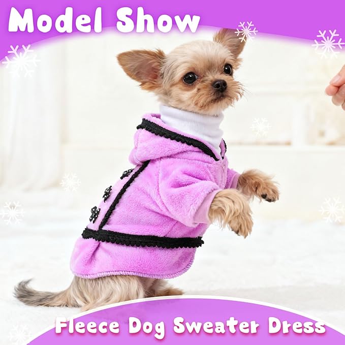 Winter Dog Dress for Small Dogs Girl Puppy Sweater Dog Sweaters Fleece Warm Puppy Dresses with Leash Hole Cute Pink Clothes Bowtie Chihuahua Sweaters Pet Doggie Oufit (Purple, Medium)