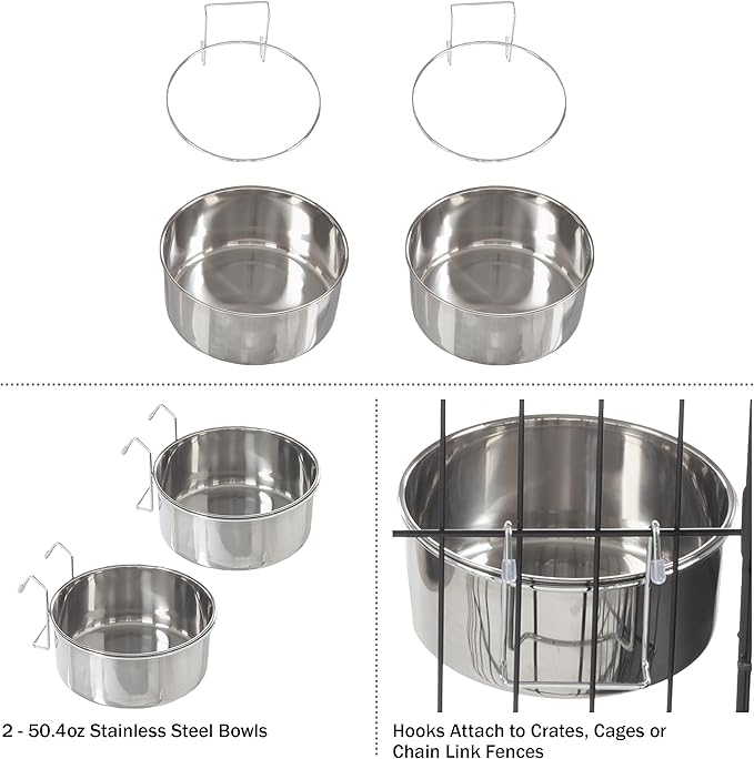 Set of 2 Stainless-Steel Dog Bowls - Cage, Kennel, and Crate Hanging Pet Bowls for Food and Water - 50.4oz Each and Dishwasher Safe by PETMAKER (Pack of 2)