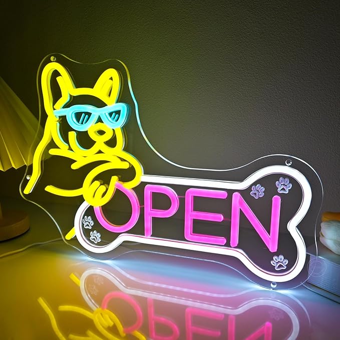Britrio Pet Shop Open Neon Sign Dog Wall Decor for Pet Grooming Salon Open LED French Bulldog Neon Light Art for Pet Shop Business Welcome Sign Pet Hospital Pet Spa Animal Clinics Decoration 5V USB