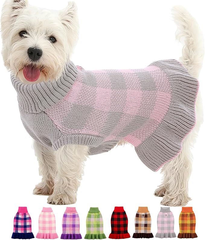 Dog Sweater Dress Plaid Knitwear for Small Medium Dogs Warm Puppy Pet Turtleneck Stretch Pullover Cute Fall Winter Vest Clothes with Leash Hole for Christmas (Grey, XS)