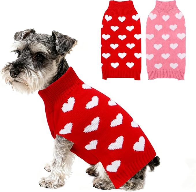 2 Pack Valentines Dog Sweater, Knit Pet Small Dog Sweater Holiday Valentine’s Day Outfit Clothes for Small Medium Large Dogs Pets (Red & Pink, Large)