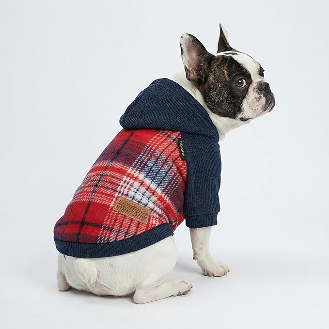 Fitwarm Tartan Plaid Dog Hoodie, Knitted Dog Clothes for Small Dogs Boy, Pet Sweater with Hood, Cat Fleece Lined Winter Outfit, Red, Navy Blue, Large