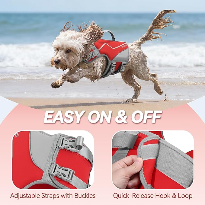 VIVAGLORY Neoprene Dog Life Vest, Dog Life Jacket for Swimming & Boating, Lightweight & Buoyancy for Puppy Doggy, Swimming Vest with Handle, XS, Red