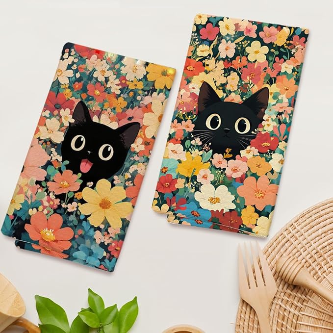 Black Cat Flower Spring Kitchen Towels and Dishcloths Set of 2, Cute Decorative Hand Towel Drying Cloth for Bathroom, Gifts for Cat Lovers, Hostess, Women, 16x24 Inches -21