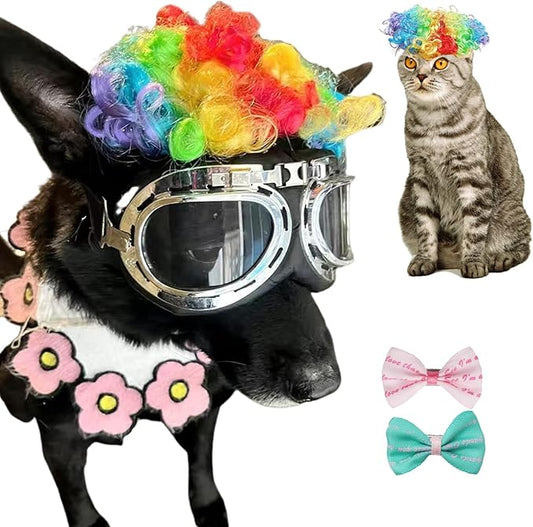 Funny Dog Wig Pet Costumes, Cat Costume Synthetic Hairpiece Cosplay Wigs, Headwear for Halloween Christmas Festivals Party Decor, Fancy Dress,Average Size for Most Dog Cat,Colorful Curly
