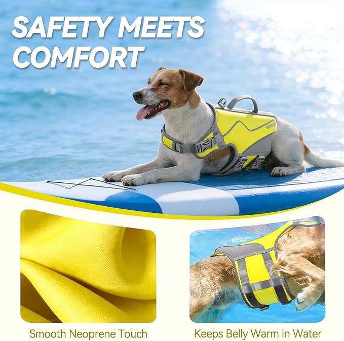 VIVAGLORY Neoprene Dog Life Vest, Dog Life Jacket for Swimming & Boating, Lightweight & Buoyancy for Puppy Doggy, Swimming Vest with Handle, S, Yellow